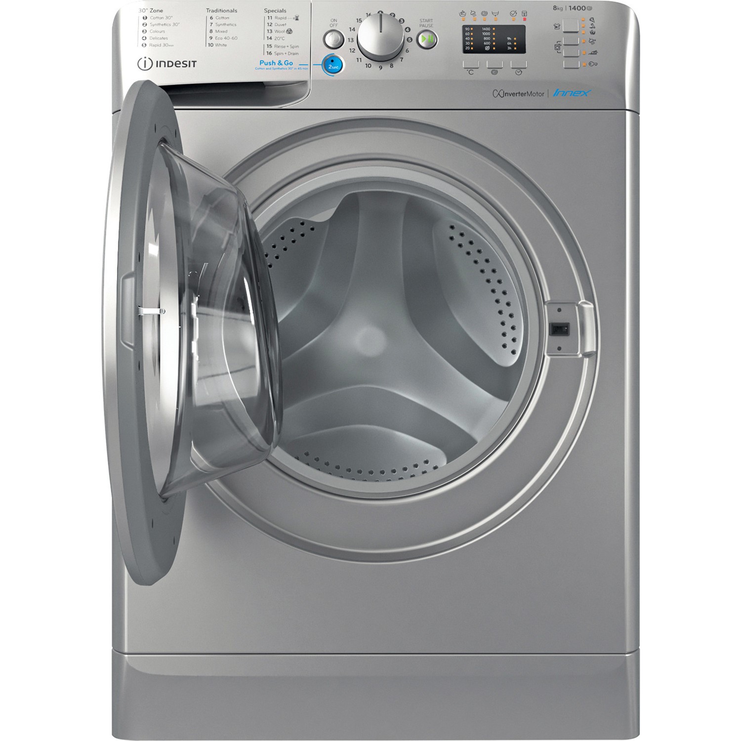 INDESIT Push And Go 8kg 1400rpm Freestanding Washing Machine - Silver - Image 3