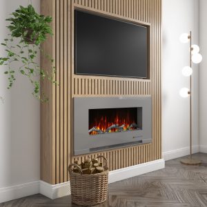Grey Inset Media Wall Electric Fireplace with Log and Crystal Fuel Bed 42 inch - Amberglo