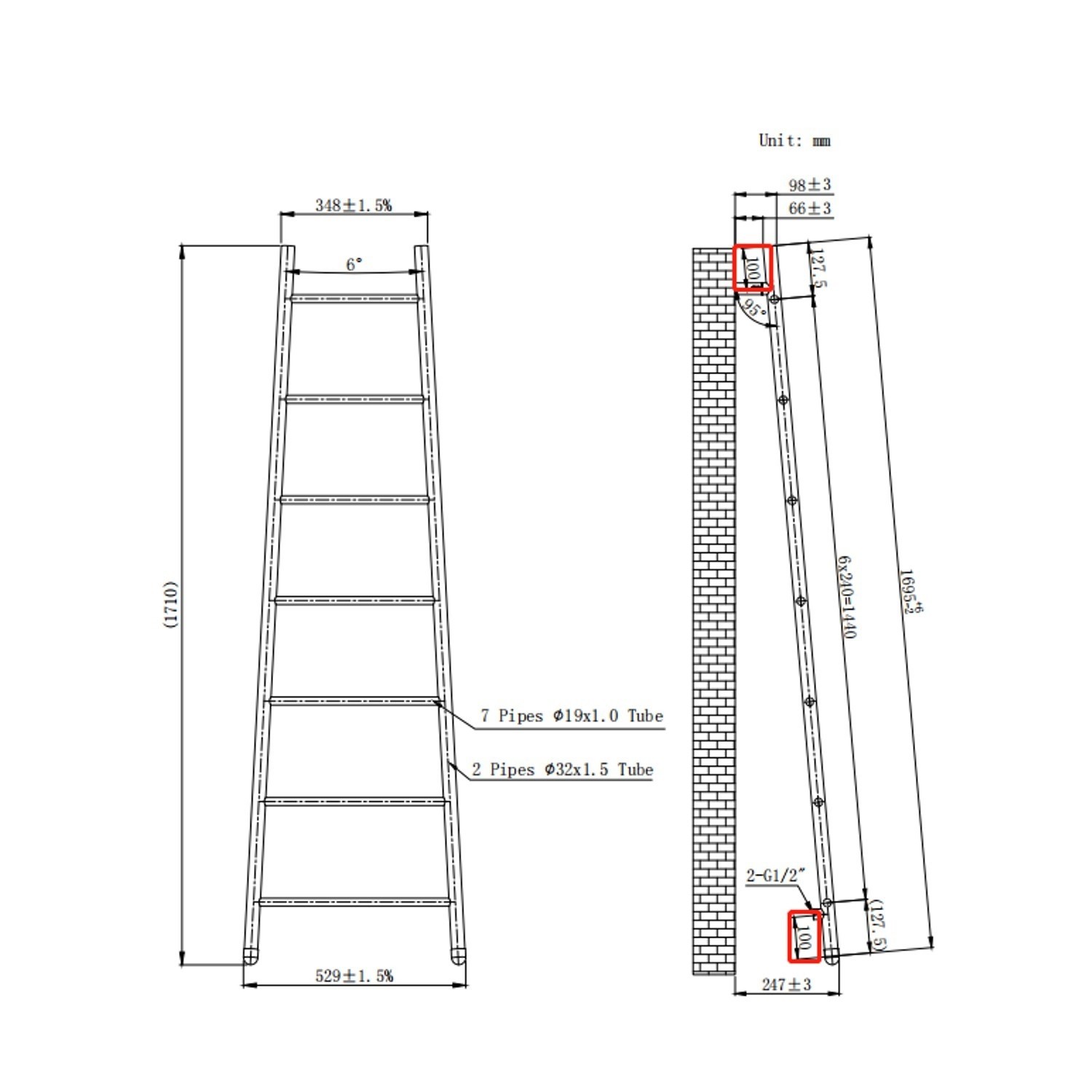 Black Heated Towel Rail Radiator 1710 x 529mm - Savannah - Image 4